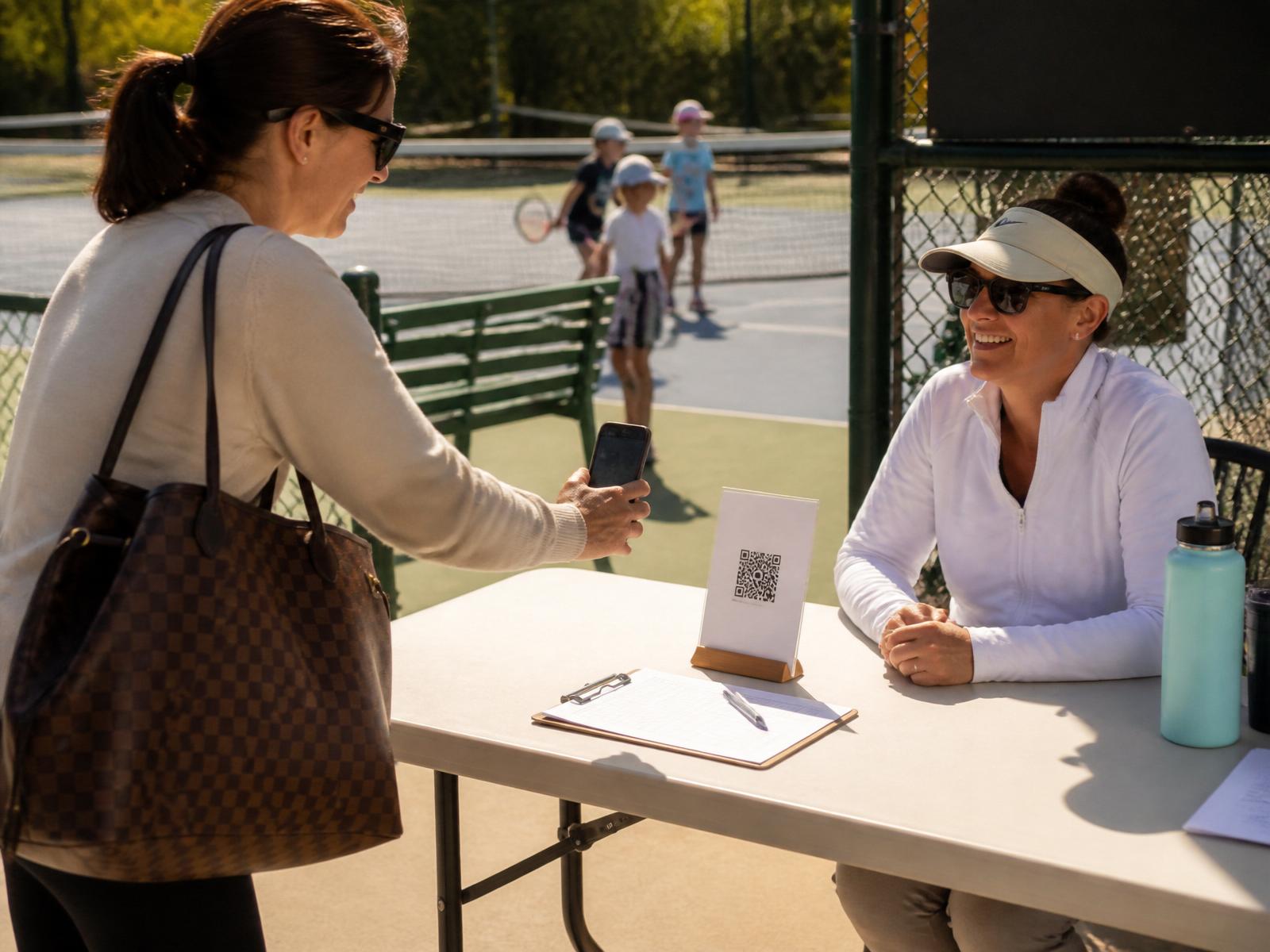 Parent scanning a QR code at a folding check-in desk courtside