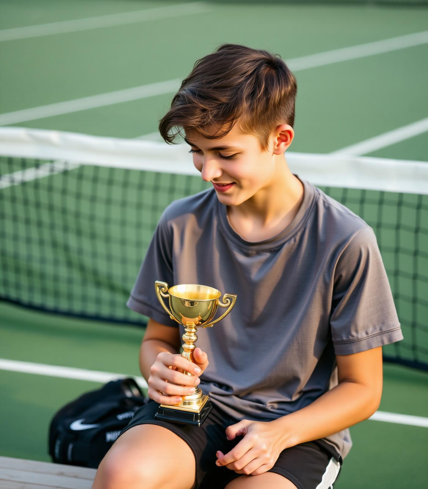 Young teenage tennis player holding a small gold trophy