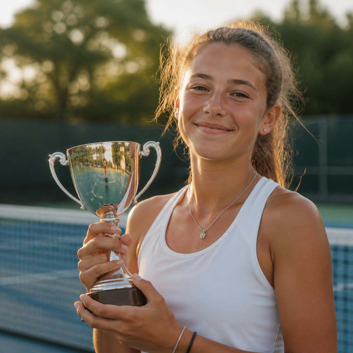 Young teenage tennis player holding a trophy, winner graphic